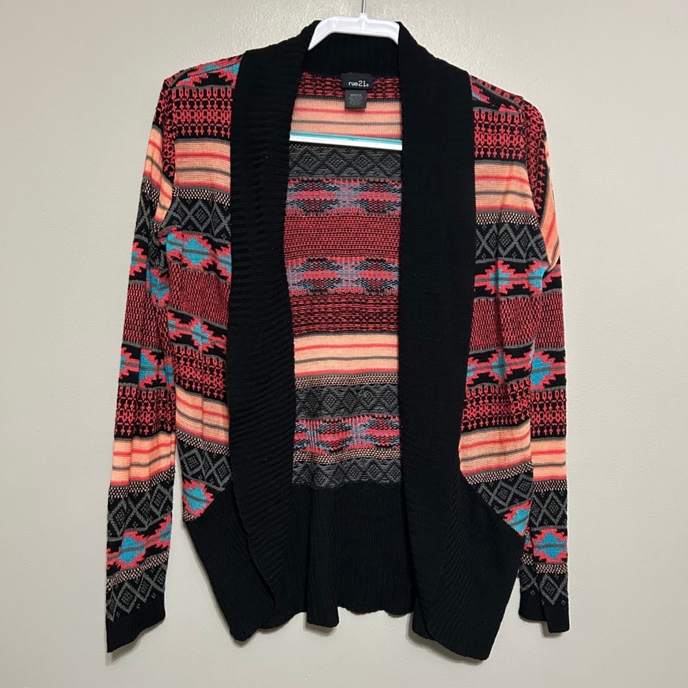 Rue21 Cardigan Sweater Womens M Black Pink Tribal Open Front Boho Aztec Western